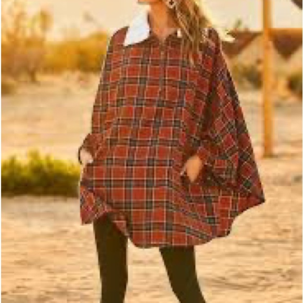 Mainstrip Rust Plaid Zipper Front Pocket Poncho-NWOT